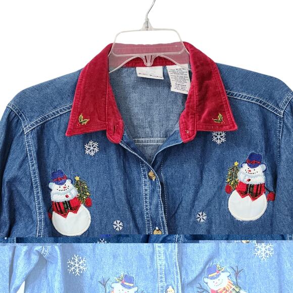 VTG 90S CHRISTMAS SHIRT DENIM EMBROIDERED SNOWMAN VELVET COLLAR GRANDMACORE SZ M - Picture 3 of 9